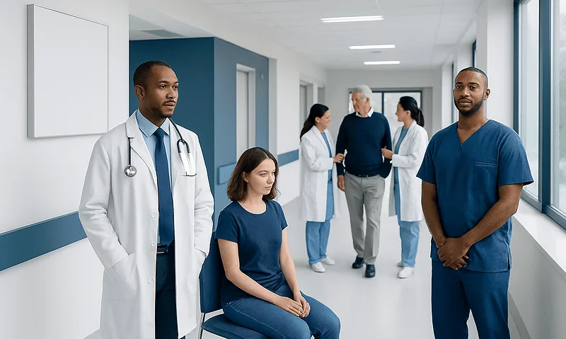 Medical team in hospital corridor with patient and healthcare professionals.