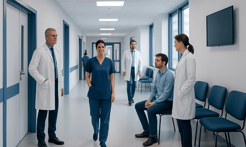 Medical team in hospital corridor preparing for patient consultation.