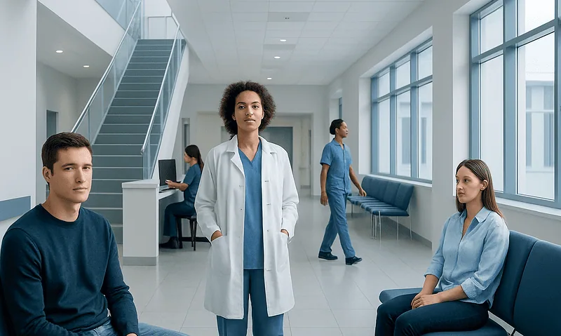 Derealization: A Complete Medical Overview 7 Medical professionals and patients in a modern hospital waiting area.