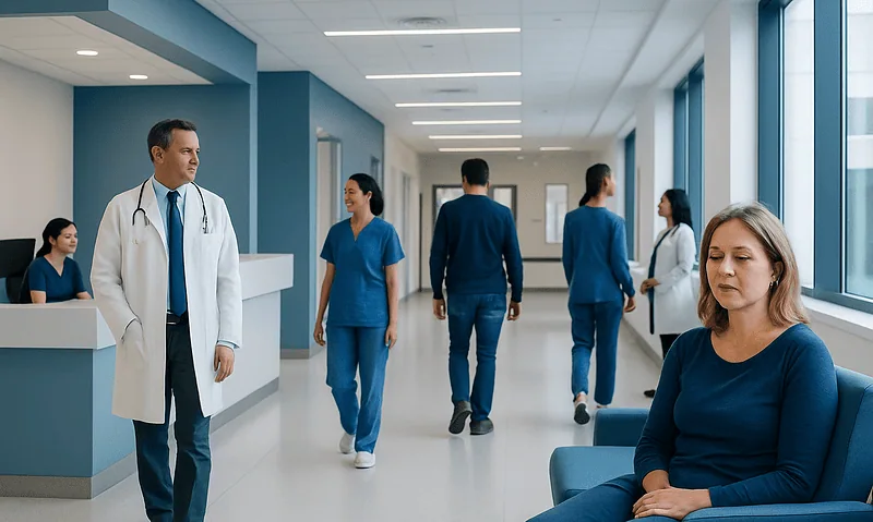 Hospital corridor with medical staff and a patient in a healthcare setting.