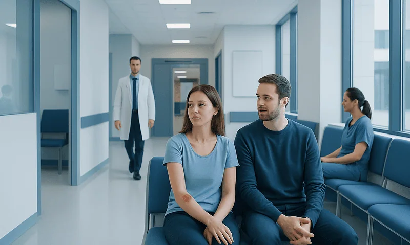 Patients waiting in a hospital corridor with medical staff nearby.