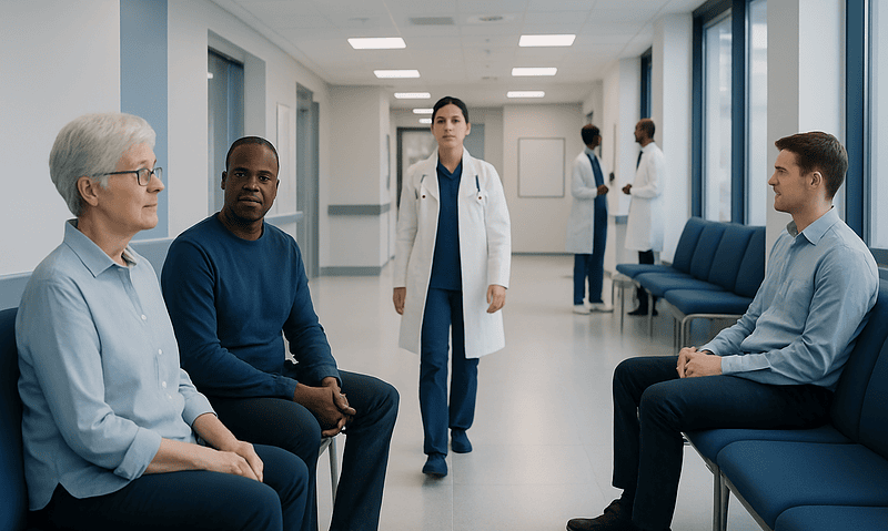 Patients waiting in a hospital corridor with medical staff nearby.