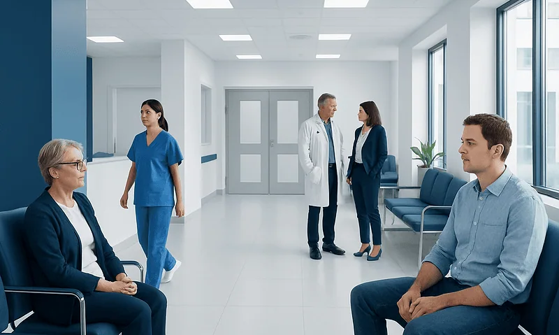 Patients and medical staff in a modern hospital waiting area.