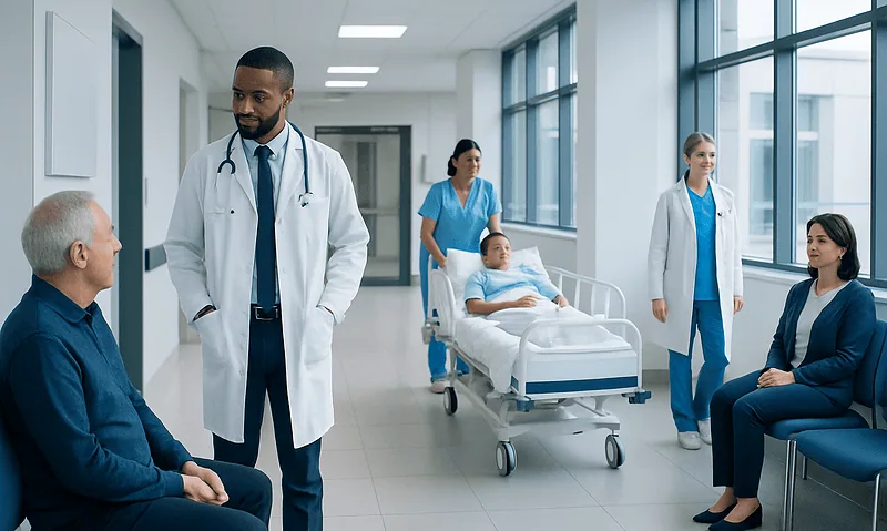 Medical team consulting with patient in hospital corridor.