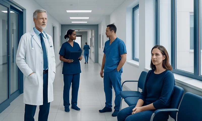 Medical team discussing patient care in hospital corridor.
