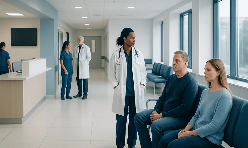 Medical consultation in a hospital waiting area with healthcare professionals and patients.