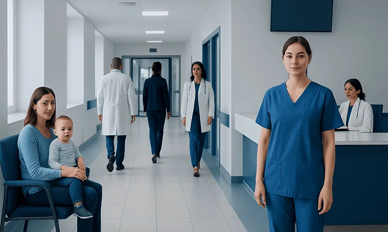 Healthcare professionals and patients in a modern hospital corridor.