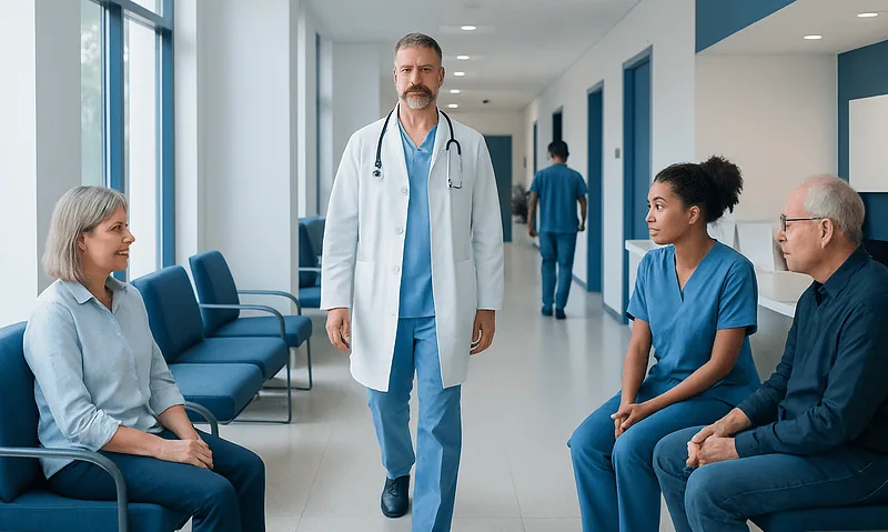 Doctor consulting with elderly patient and two nurses in hospital corridor.