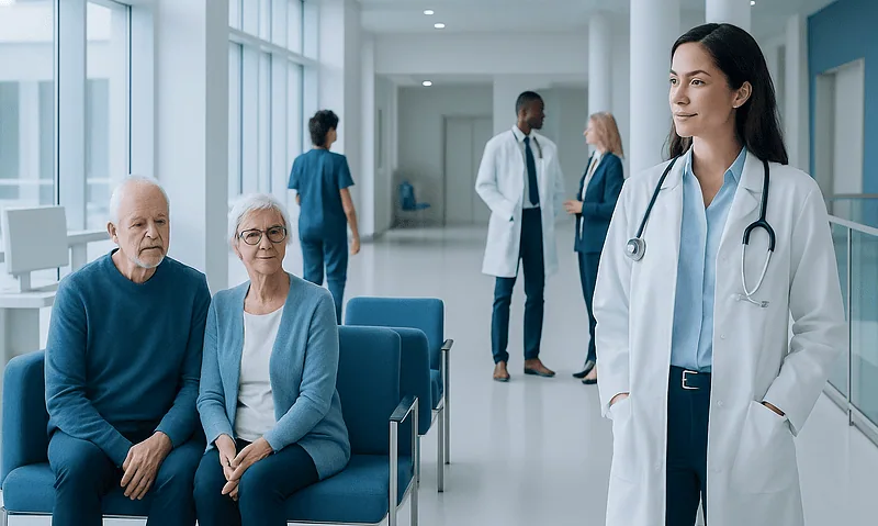 Healthcare professionals and patients in a modern hospital corridor.