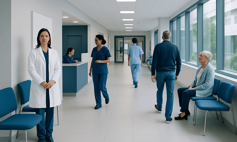 Modern hospital corridor with medical staff and patients.