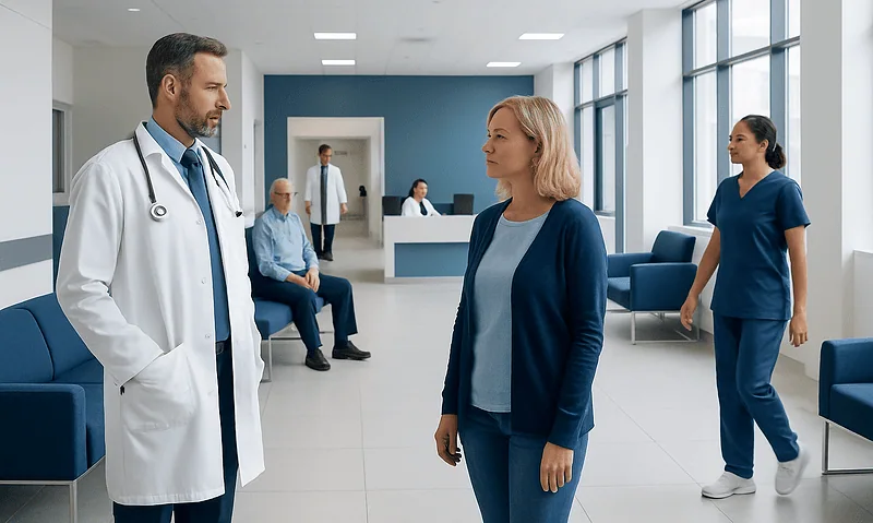 Doctor consulting a patient in a modern hospital lobby with staff in the background.