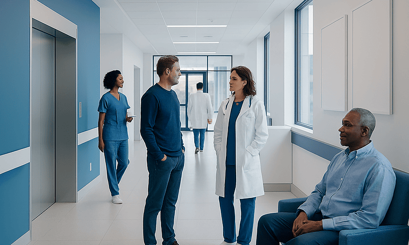 Medical staff and patient in hospital corridor at Acibadem Hospitals Group.