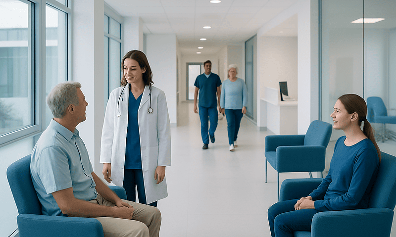Medical consultation in a modern hospital corridor with healthcare professionals and patients.