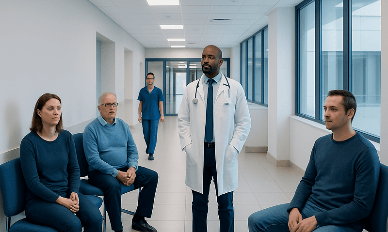Medical consultation in hospital corridor with doctor and patients.