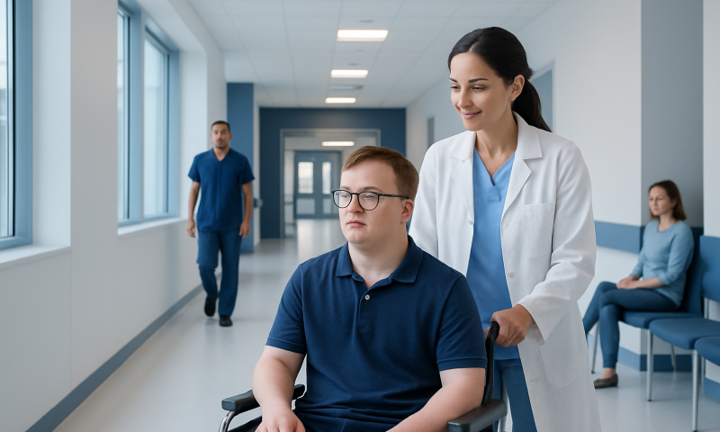 Healthcare professional assisting a patient in a hospital corridor.