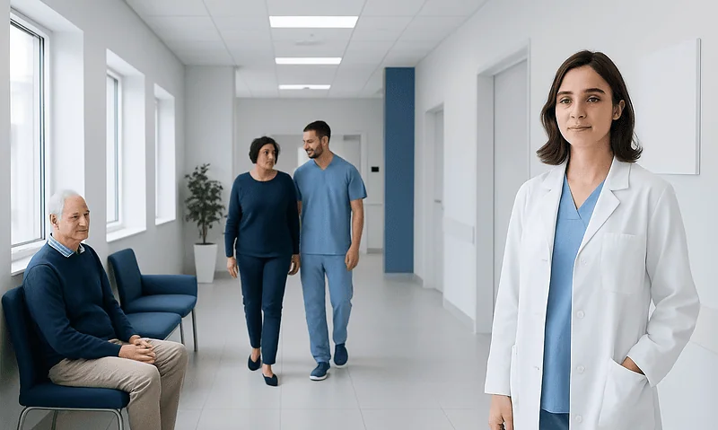 Medical consultation in a modern hospital corridor with a doctor and patients.