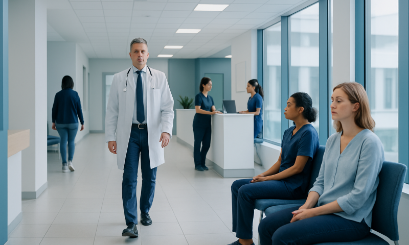 Doctor walking in hospital corridor with patients waiting.