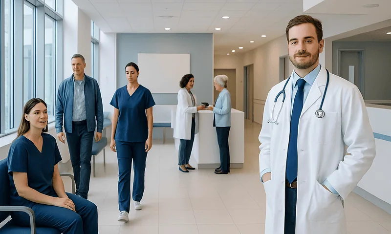 Medical team and doctor in hospital corridor at Acibadem Hospitals Group.