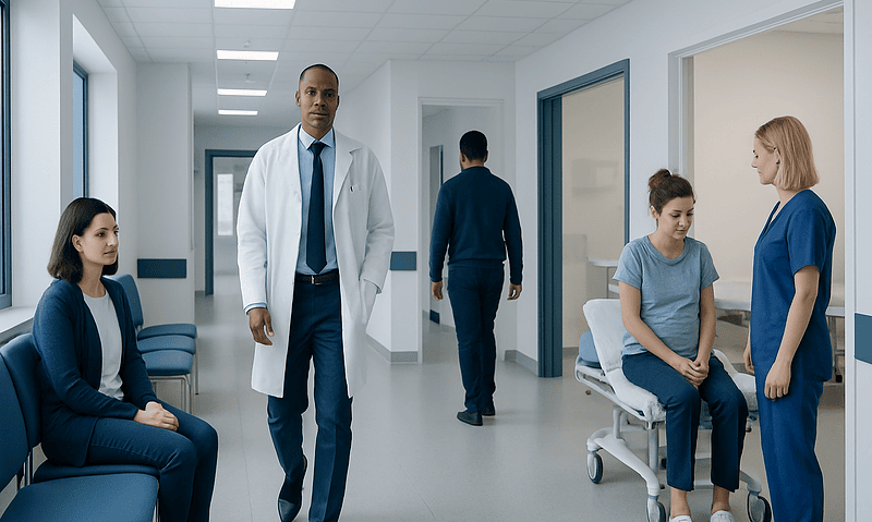 Medical team and patients in a hospital corridor at Acibadem Hospitals Group.