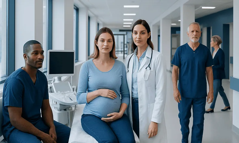 Pregnant woman with medical team in hospital corridor.