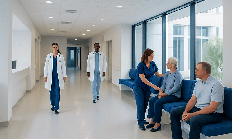 Healthcare professionals consulting elderly patients in a modern hospital corridor.