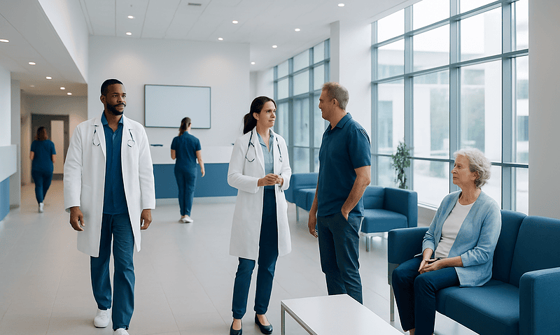 Medical staff consulting with a patient in a modern hospital lobby.