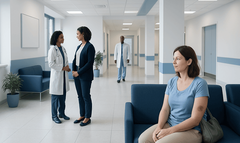 Patient with ecchymosis waiting in hospital corridor at Acibadem Hospitals.
