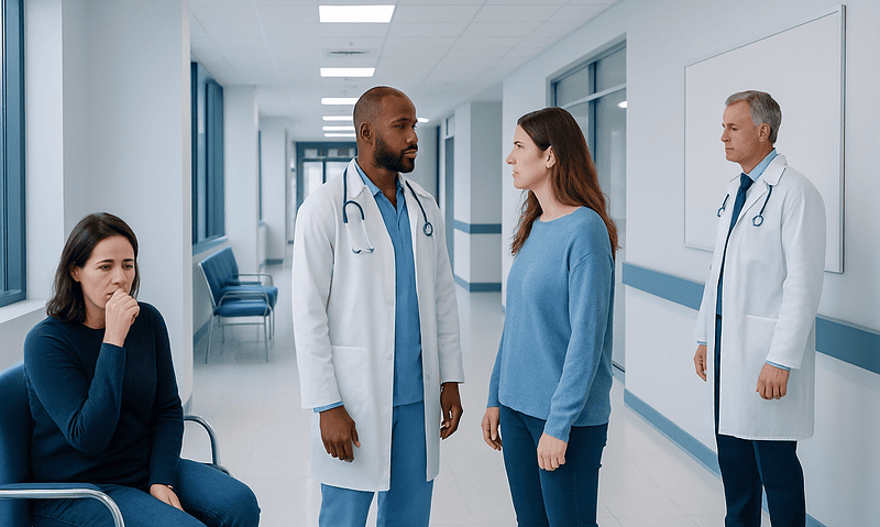 Medical team consulting with patient in hospital corridor.