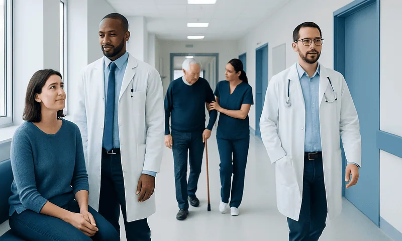 Hemorrhage: What Patients Need to Know 4 Medical team consulting with a patient in hospital corridor.