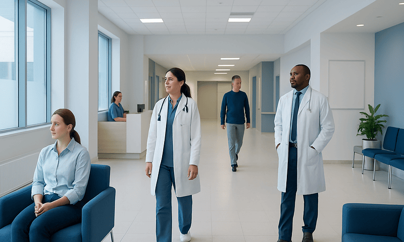 Healthcare professionals and patients in a modern hospital corridor.