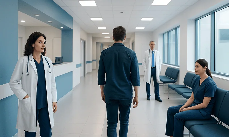 Patient waiting in hospital corridor with medical staff nearby.