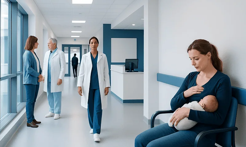 Mother breastfeeding in hospital corridor with medical staff nearby.