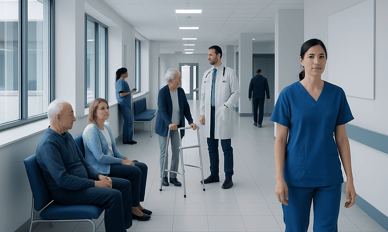 Healthcare professionals and patients in a modern hospital corridor.