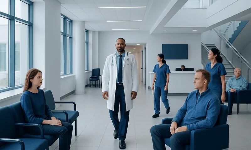 Medical professionals and patients in a modern hospital waiting area.