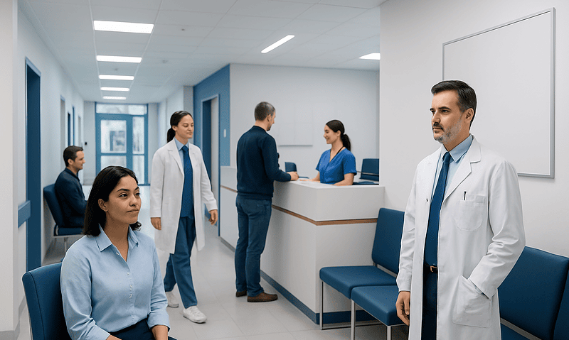 Medical staff and patients in a modern hospital corridor.
