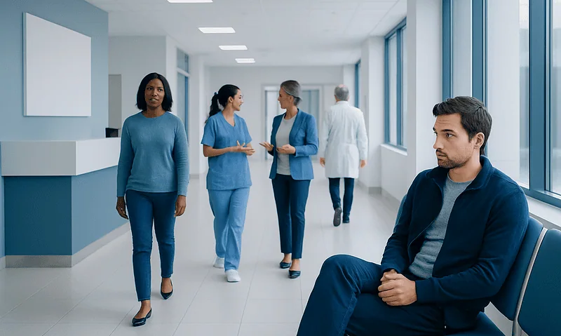 Patients and healthcare professionals in a hospital corridor at Acibadem Hospitals Group.