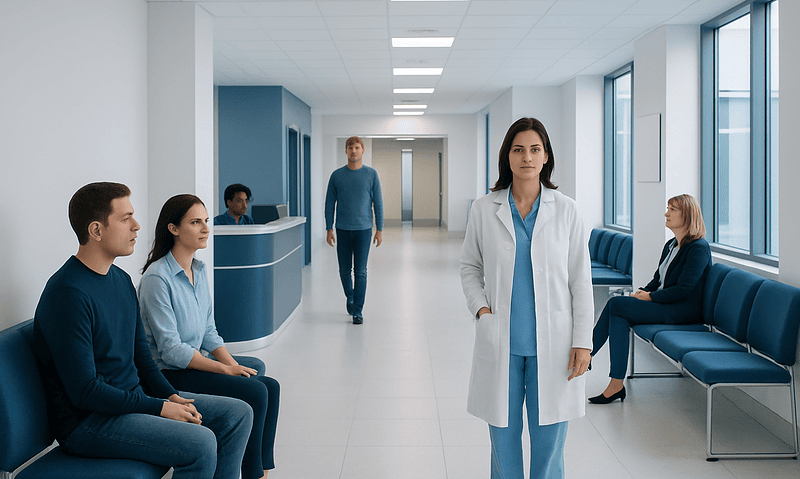 Healthcare professionals and patients in a modern hospital corridor.