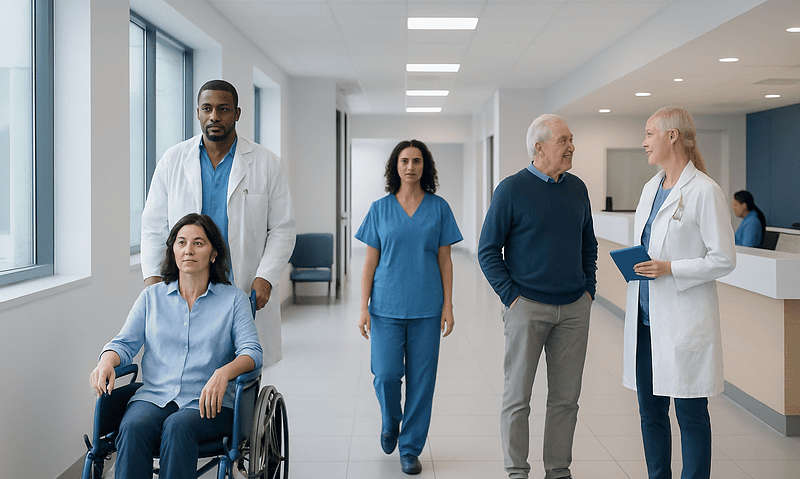 Diverse medical team and patient in hospital corridor at Acibadem Hospitals Group.