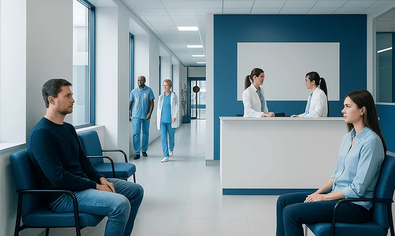 Patients waiting in a hospital corridor with medical staff at reception desk.