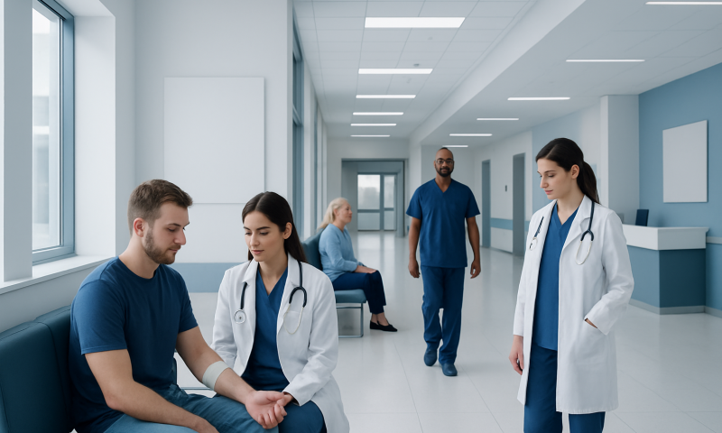 Medical team in hospital corridor with patient and staff at Acibadem Hospitals.