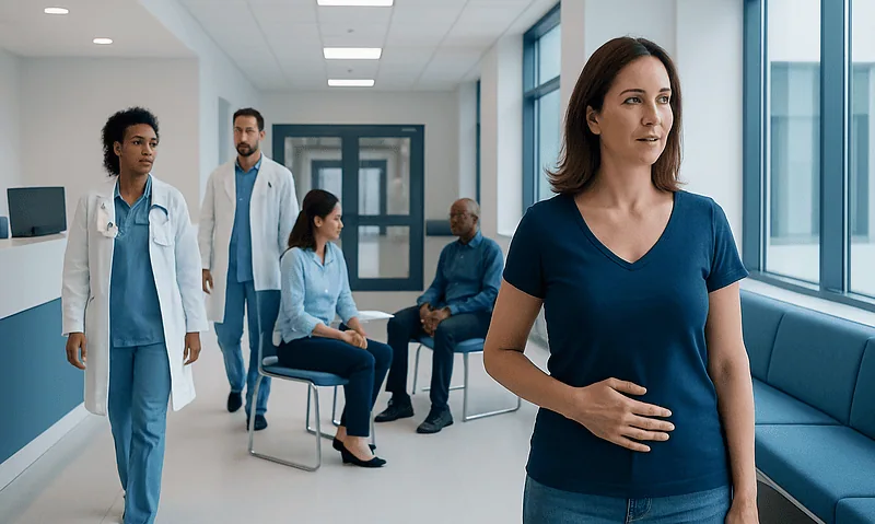 Medical consultation with healthcare professionals in a hospital corridor.