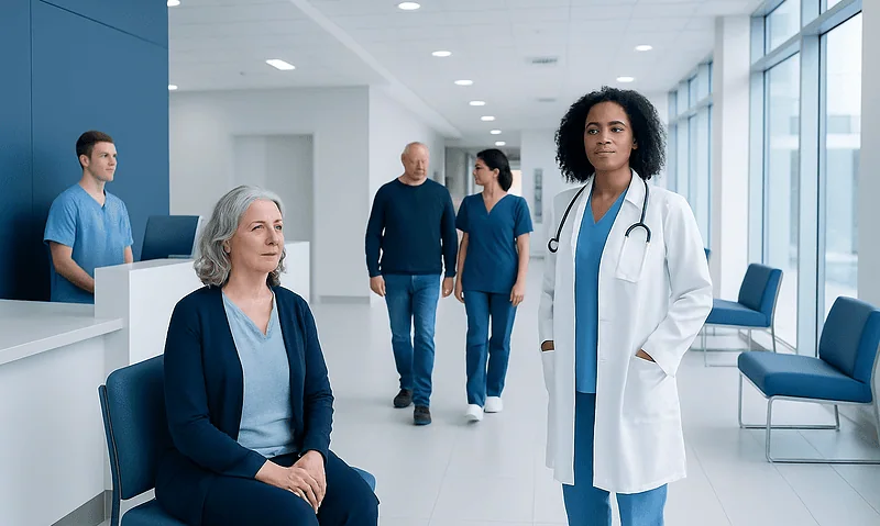 Medical professionals and patient in a modern hospital corridor.