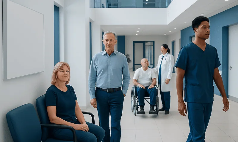 Hospital corridor with patients and medical staff in a modern healthcare facility.