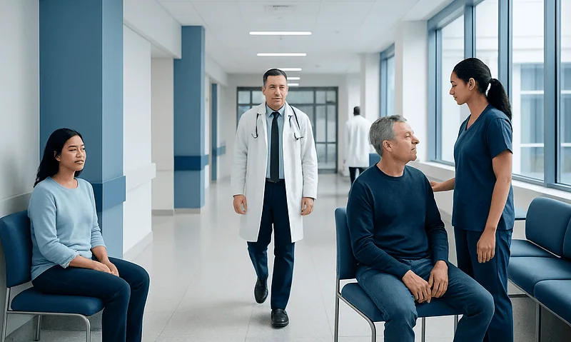 Medical consultation in hospital corridor with patients and healthcare professionals.