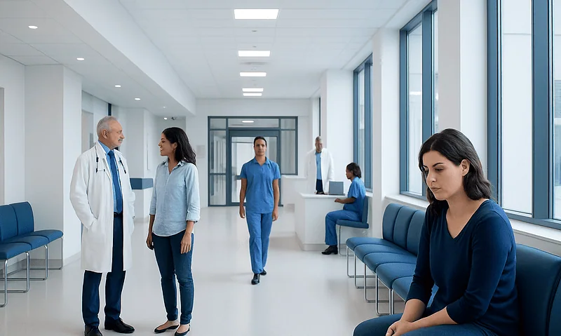 Patients and medical staff in a modern hospital corridor.