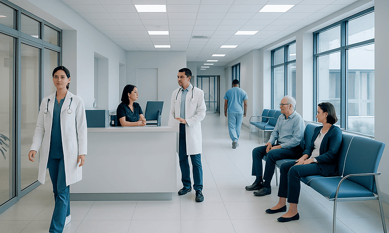 Modern hospital waiting area with medical staff and patients at Acibadem Hospitals Group.
