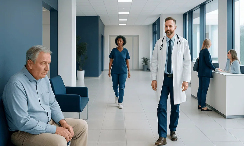 Medical professionals and patient in a modern hospital corridor.