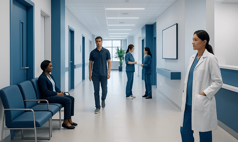 Modern hospital corridor with medical staff and patient seating area.