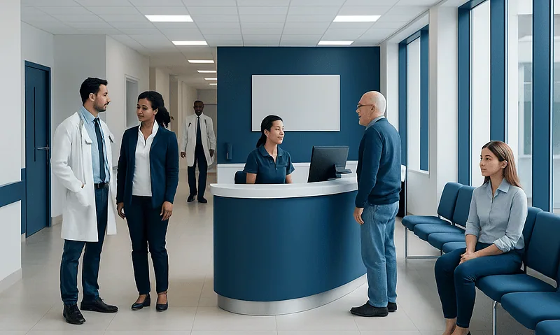 Medical staff and patients in a hospital reception area.