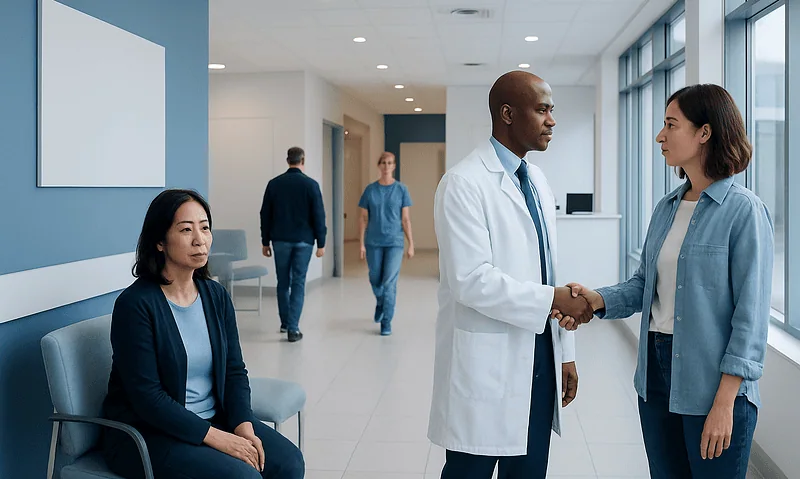 Doctor shaking hands with a patient in a hospital corridor.